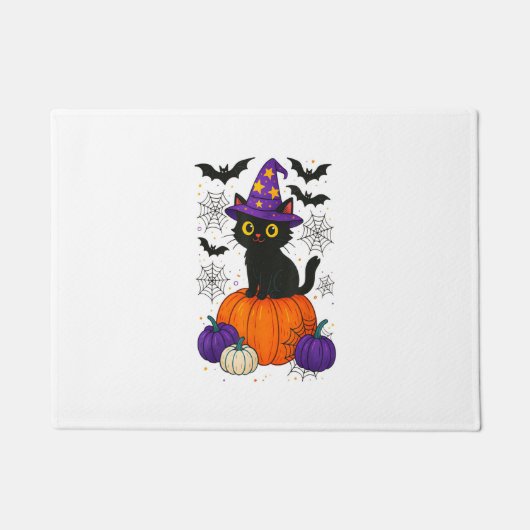Schattigee zwarte heks kat pompoen Halloween kostu Deurmat (Voorkant)