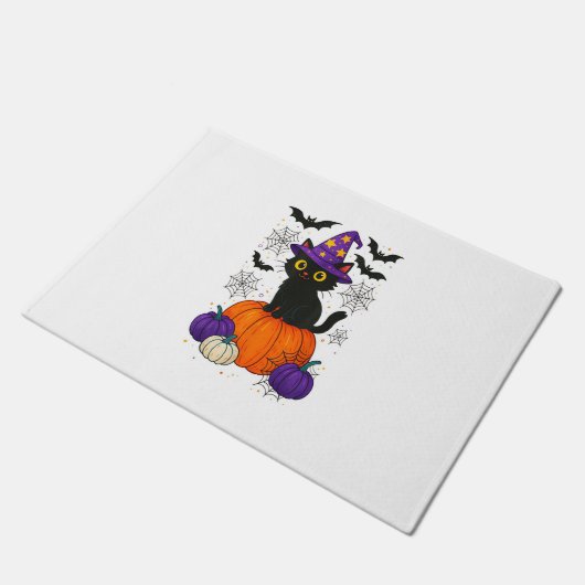 Schattigee zwarte heks kat pompoen Halloween kostu Deurmat (Schuin)