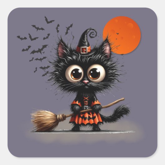 Schattigee zwarte heks kitten Halloween Vierkante Sticker (Voorkant)