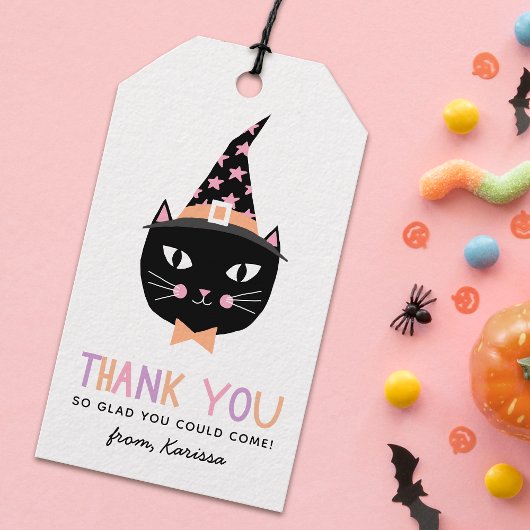 Schattigee zwarte heksenkat Halloween Verjaardagsn Cadeaulabel