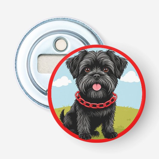 Schattigee zwarte hond met rode halsband in Cartoo Button Flesopener (Voorkant)