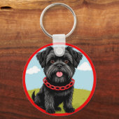 Schattigee zwarte hond met rode halsband in Cartoo Sleutelhanger (Achterkant)