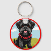 Schattigee zwarte hond met rode halsband in Cartoo Sleutelhanger (Achterkant)