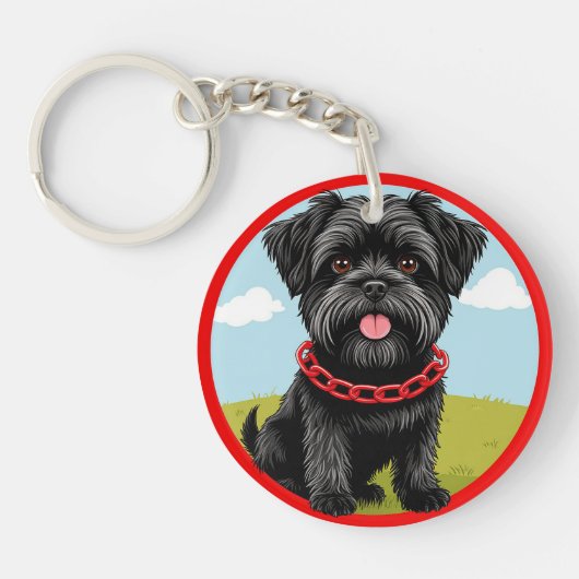 Schattigee zwarte hond met rode halsband in Cartoo Sleutelhanger (Voorkant)