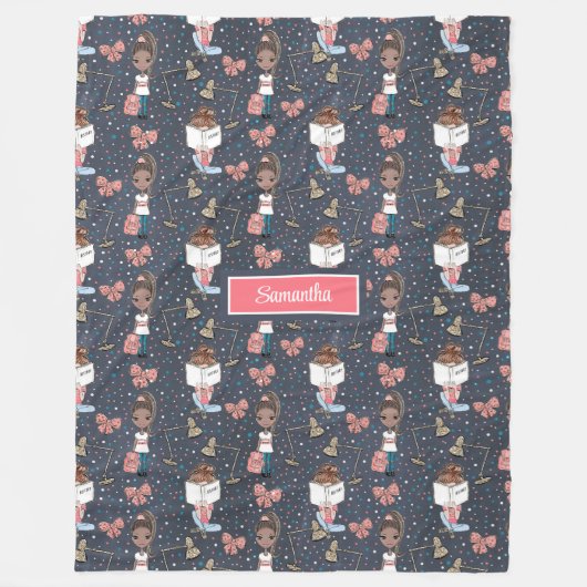 Schattigee zwarte huid meisje terug naar school de fleece deken (Voorkant)