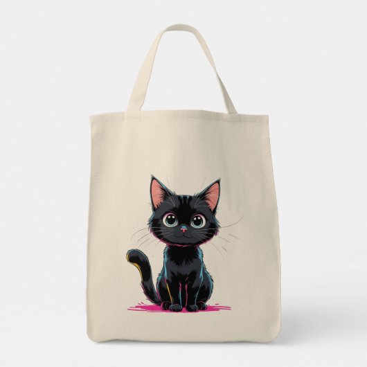 Schattigee Zwarte Kat Anime Illustratie Speelse Ca Tote Bag (Achterkant)