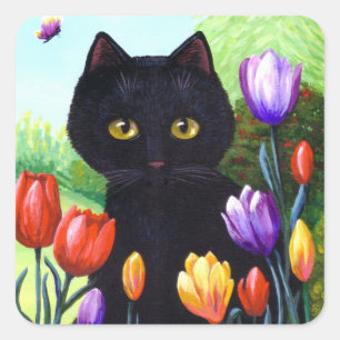 Schattigee zwarte kat bloemen tulpen creationarts vierkante sticker