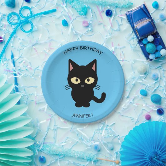 Schattigee zwarte kat cartoon blauw Verjaardag kin Papieren Bordje (Feest)