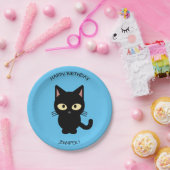 Schattigee zwarte kat cartoon blauw Verjaardag kin Papieren Bordje (Feest)