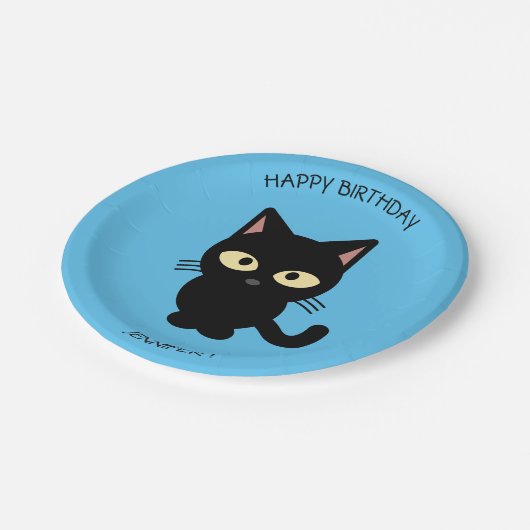 Schattigee zwarte kat cartoon blauw Verjaardag kin Papieren Bordje (Gekanteld)