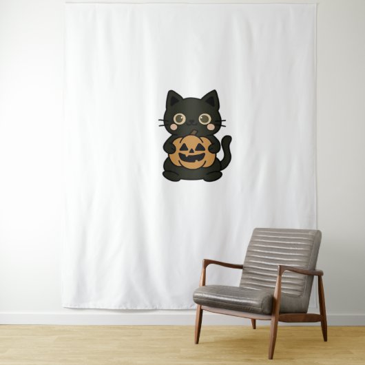 Schattigee zwarte kat die Jack o lantaarn pompoen  Wandkleed (In situ)