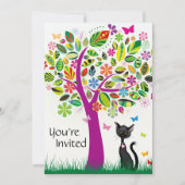 Schattigee Zwarte Kat en Bloemboom Verjaardagsuitn Kaart (Voorkant)