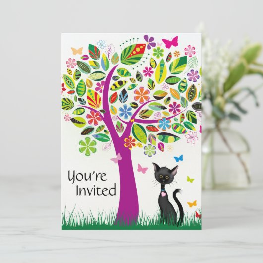 Schattigee Zwarte Kat en Bloemboom Verjaardagsuitn Kaart (Staand voorkant)