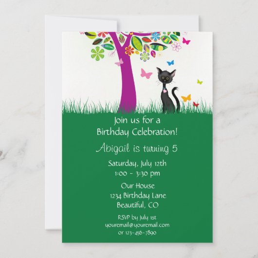 Schattigee Zwarte Kat en Bloemboom Verjaardagsuitn Kaart (Achterkant)
