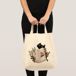 Schattigee zwarte kat en bloemen boek tote bag