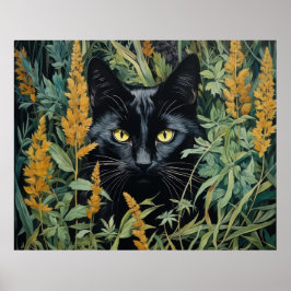 Schattigee zwarte kat en bloemen poster