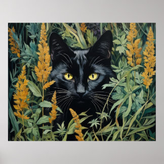Schattigee zwarte kat en bloemen poster