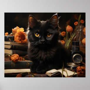 Schattigee zwarte kat en bloemen poster