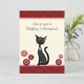 Schattigee zwarte kat en bloemen verjaardagsuitnod kaart (Staand voorkant)