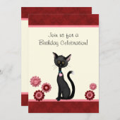 Schattigee zwarte kat en bloemen verjaardagsuitnod kaart (Voorkant / Achterkant)
