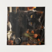 Schattigee zwarte kat en bloemen wandkleed (Voorkant (horizontaal))