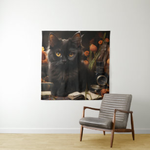 Schattigee zwarte kat en bloemen wandkleed