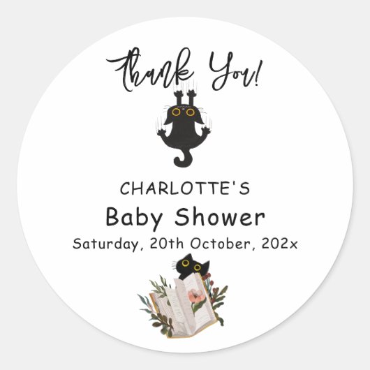 Schattigee zwarte kat en boek Baby shower Ronde Sticker (Voorkant)