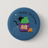 Schattigee zwarte kat en cupcake blauw halloween B Ronde Button 5,7 Cm (Voorkant)