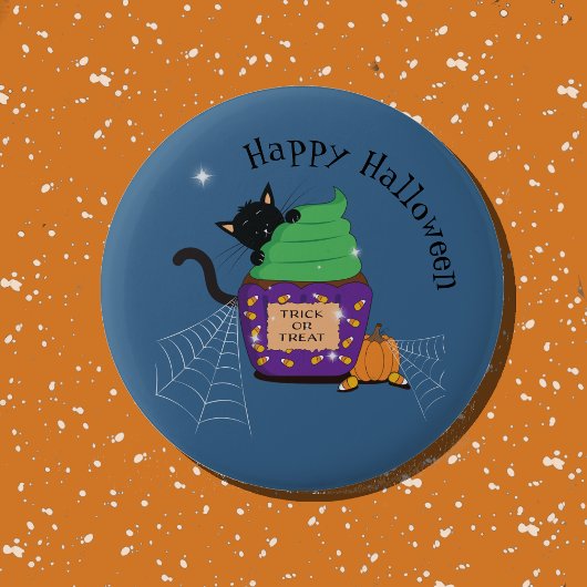 Schattigee zwarte kat en cupcake blauw halloween B Ronde Button 5,7 Cm