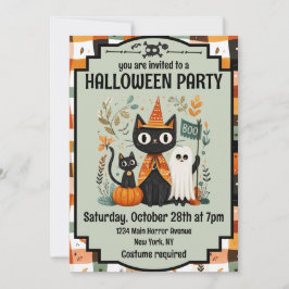Schattigee zwarte kat en geest Halloween Boo Kaart