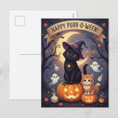 Schattigee zwarte kat en kitten op pompoenen Hallo Feestdagenkaart (Voorkant / Achterkant)