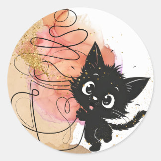Schattigee zwarte kat en koffie, romige kleuren op ronde sticker