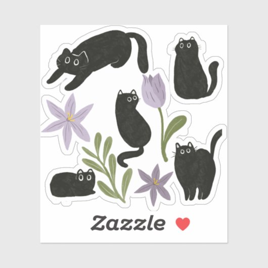 Schattigee zwarte kat en Paarse bloem illustratie Sticker (Vel)