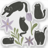 Schattigee zwarte kat en Paarse bloem illustratie Sticker (Voorkant)