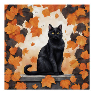 Schattigee Zwarte Kat en Vallende Herfstbladeren Perfect Poster