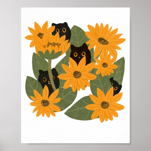 Schattigee zwarte kat en zonnebloem illustratie poster (Voorkant)
