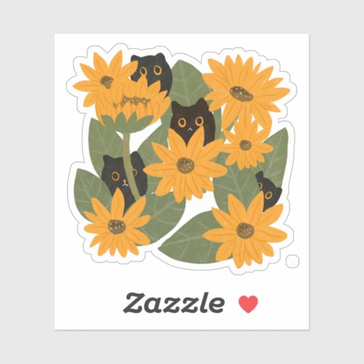 Schattigee zwarte kat en zonnebloem illustratie sticker (Vel)
