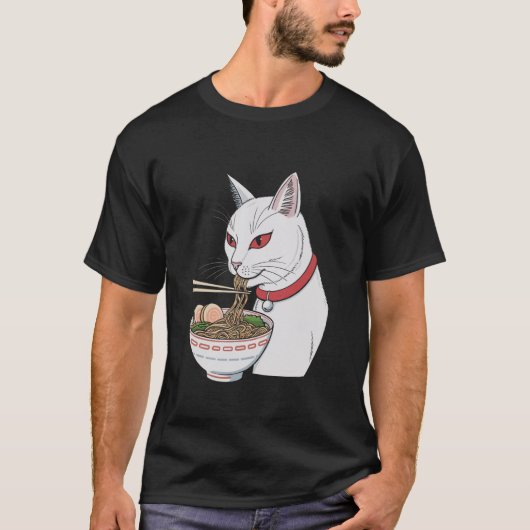 Schattigee Zwarte Kat Eten Ramen Japans Esthetisch T-shirt (Voorkant)