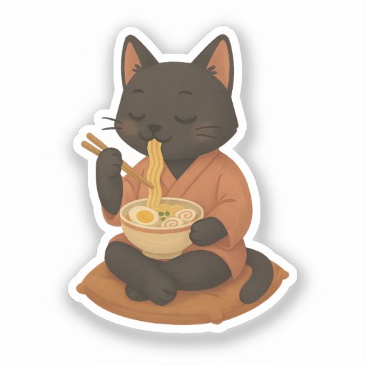 Schattigee Zwarte Kat Eten Ramen Sticker (Voorkant)