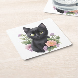 Schattigee zwarte kat floraal grillig kartonnen onderzetters