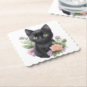 Schattigee zwarte kat floraal grillig kartonnen onderzetters (Gebogen)