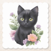 Schattigee zwarte kat floraal grillig kartonnen onderzetters (Voorkant)