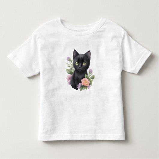Schattigee zwarte kat floraal grillig kinder shirts (Voorkant)