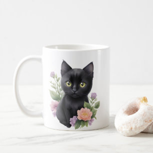 Schattigee zwarte kat floraal grillig koffiemok