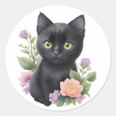 Schattigee zwarte kat floraal grillig ronde sticker (Voorkant)