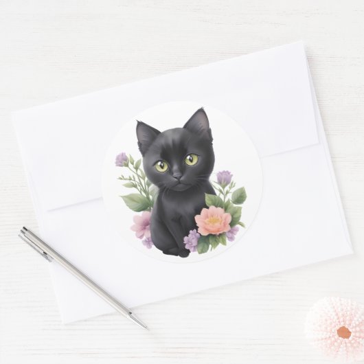 Schattigee zwarte kat floraal grillig ronde sticker (Envelop)