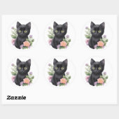 Schattigee zwarte kat floraal grillig ronde sticker (Vel)