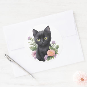 Schattigee zwarte kat floraal grillig ronde sticker