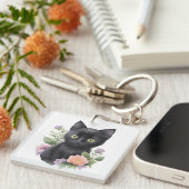 Schattigee zwarte kat floraal grillig sleutelhanger (Voorkant Rechts)