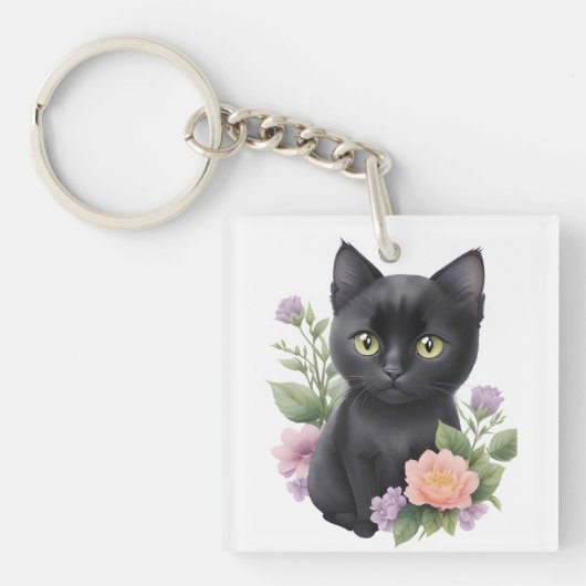 Schattigee zwarte kat floraal grillig sleutelhanger (voorkant)